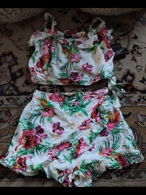 The Limited White Floral Shorts Skort Set with Pink & Green Tropical Print